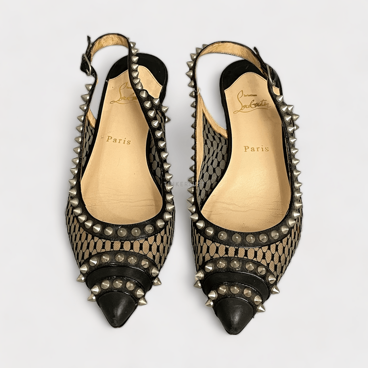 Christian Louboutin  Black Leather And Mesh Spiked Flat Slingback Sandals