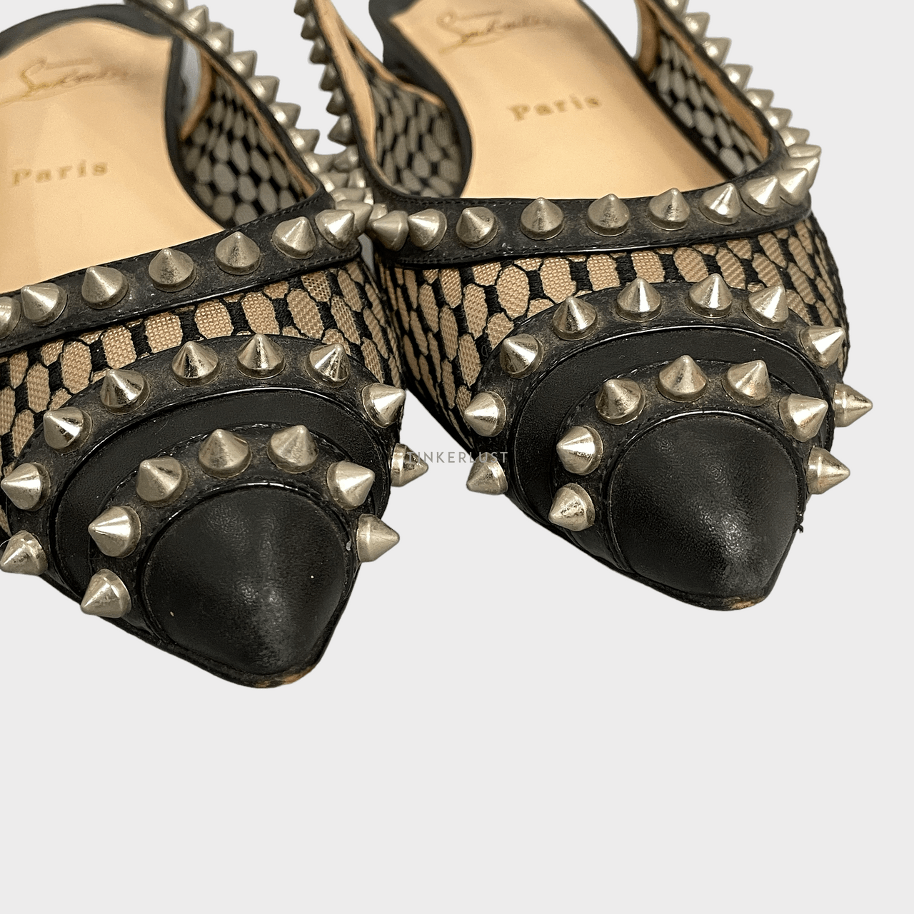 Christian Louboutin  Black Leather And Mesh Spiked Flat Slingback Sandals