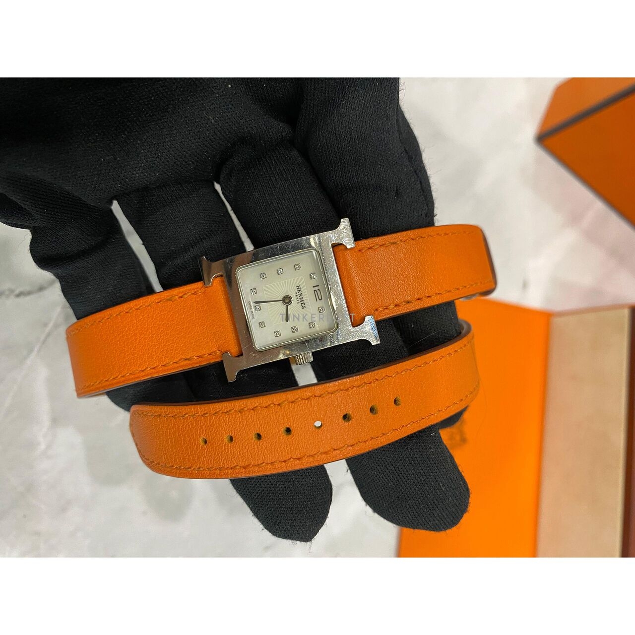 Hermes Double Tour Orange PM Diamond #O Square Watch 