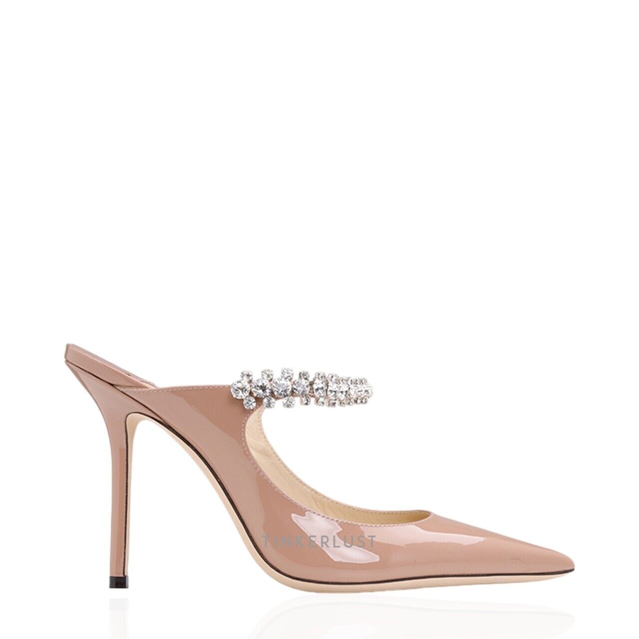 Jimmy Choo Bing Mules 100mm in Ballet Pink Patent Leather with Crystal Strap Heels