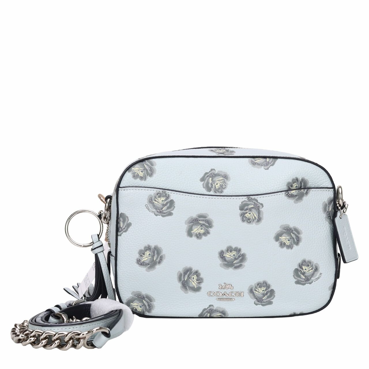 Coach Sky Blue Rose Print Leather Zip Crossbody Camera Bag