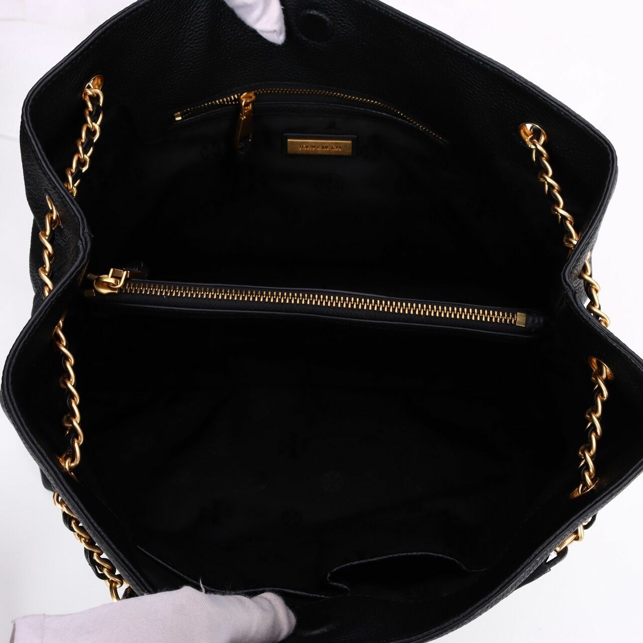 Tory Burch Britten Triple Compartment Black Rolled Gold Tote Bag