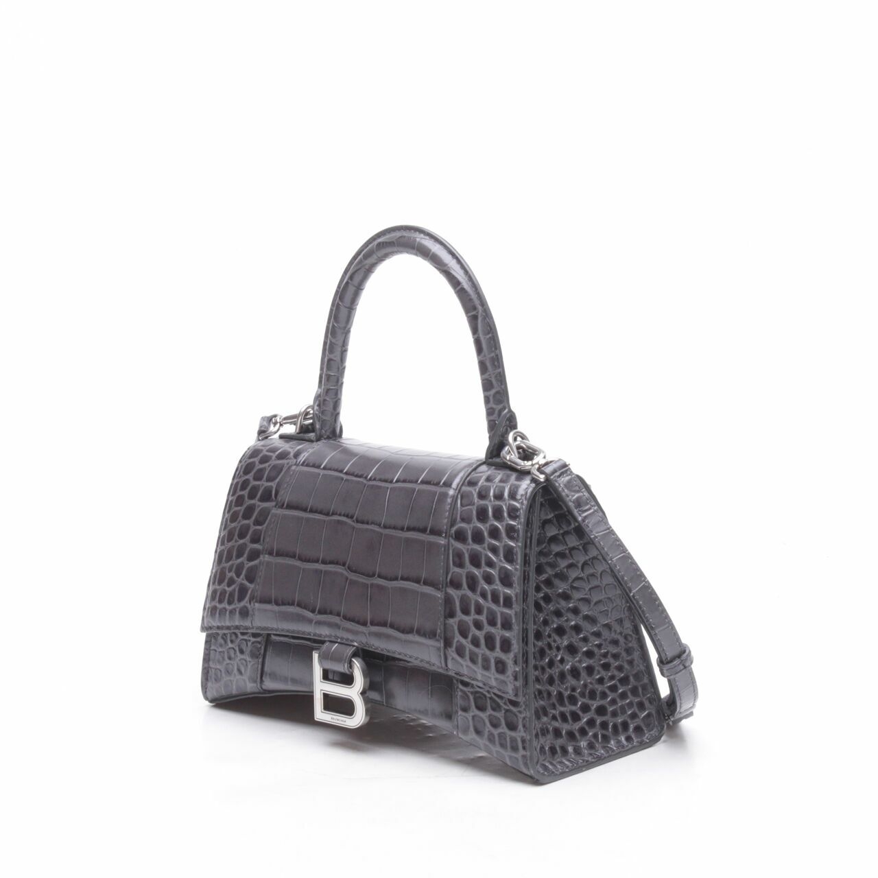 Balenciaga Hourglass Croco Dark Grey Top Handle Satchel Bag