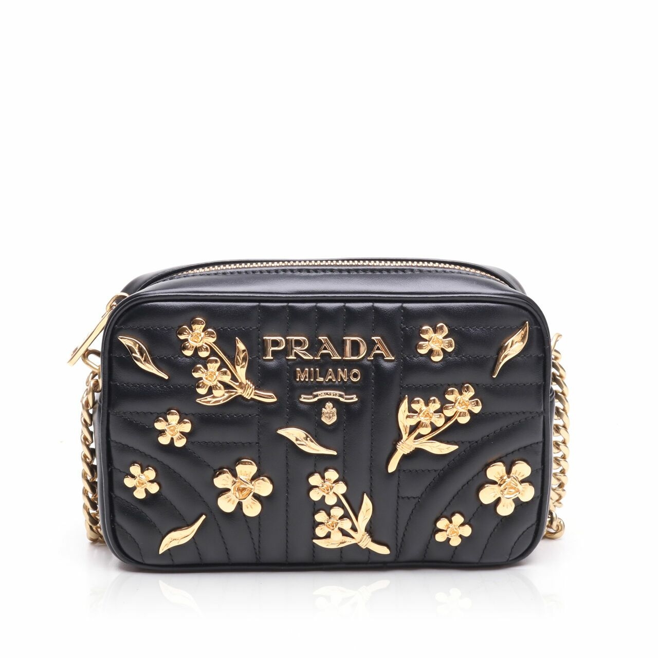 Prada Soft Calfskin Floral Diagramme Black Sling Bag	