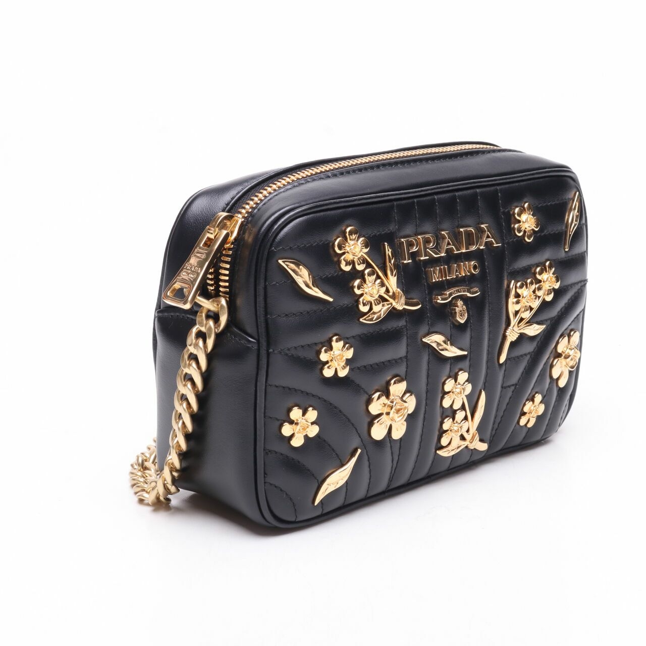 Prada Soft Calfskin Floral Diagramme Black Sling Bag	