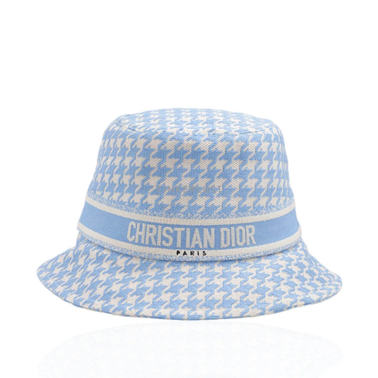 Christian Dior 30 Montaigne Small Brim Bucket Hat in Cornflower Blue/White with Micro Houndstooth Motif