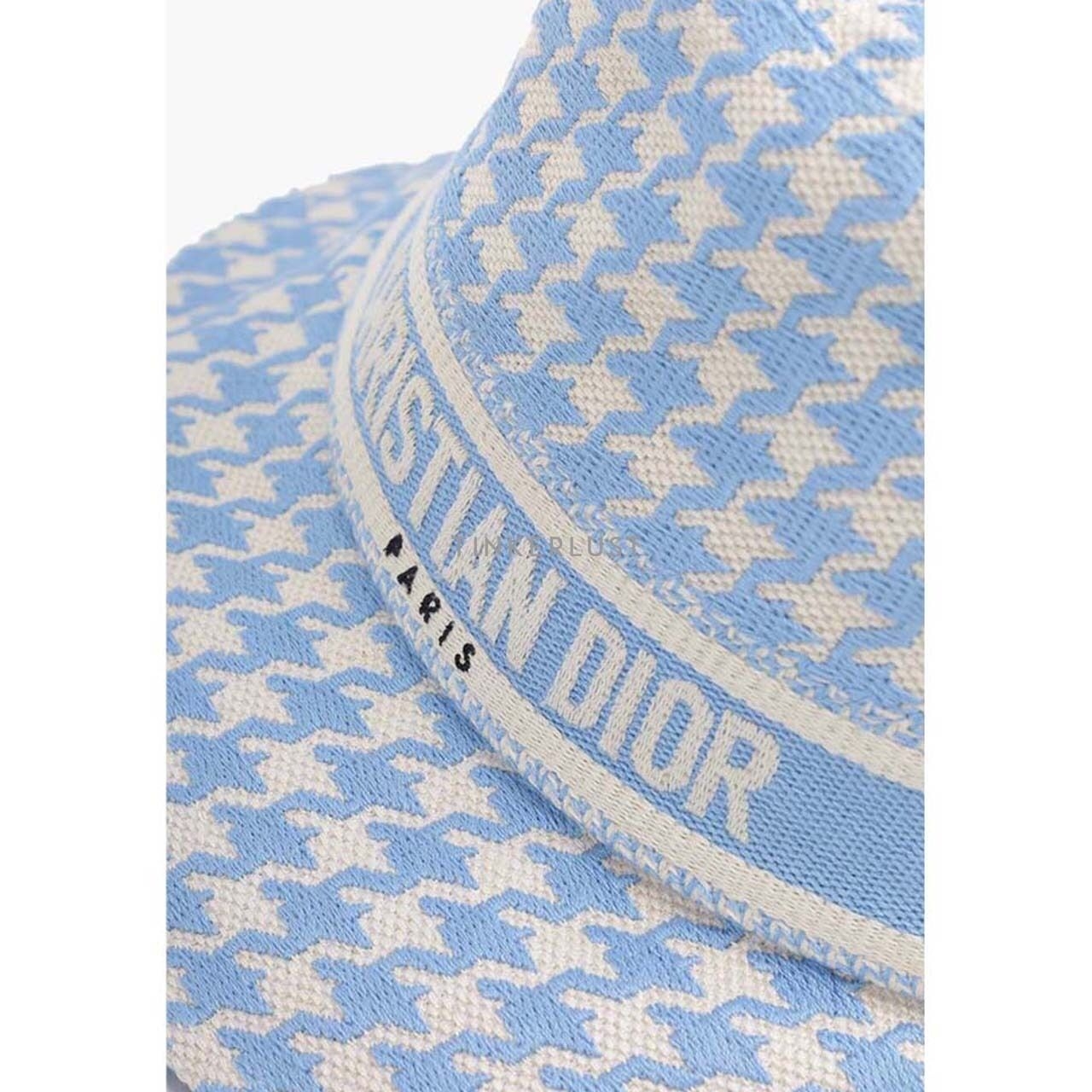 Christian Dior 30 Montaigne Small Brim Bucket Hat in Cornflower Blue/White with Micro Houndstooth Motif