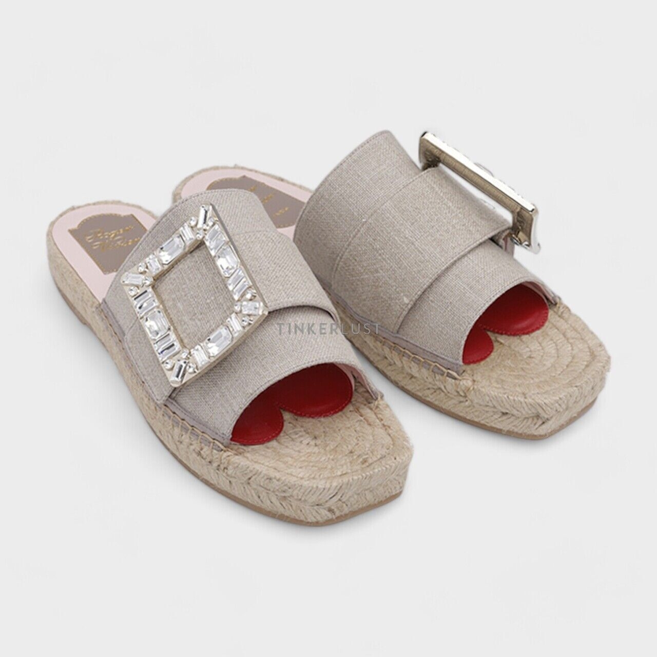 Roger Vivier Women Strass Buckle Espadrille Sandals in Tissu Beige Sandals