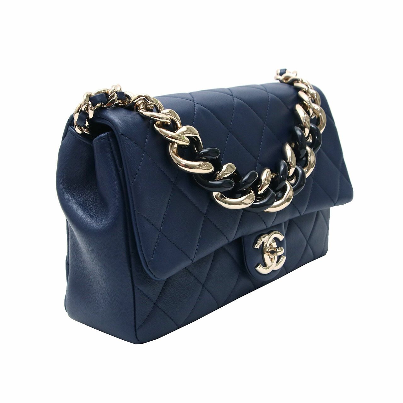 Chanel Flapbag Navy Lambskin Gold Tone Satchel Bag