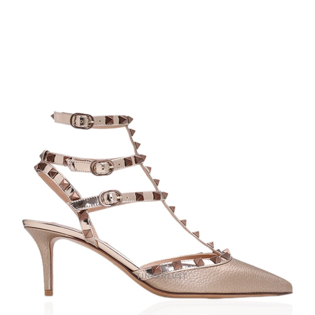 Valentino Rockstud Kitten 6.5cm in Light Gold Grained Leather Heels