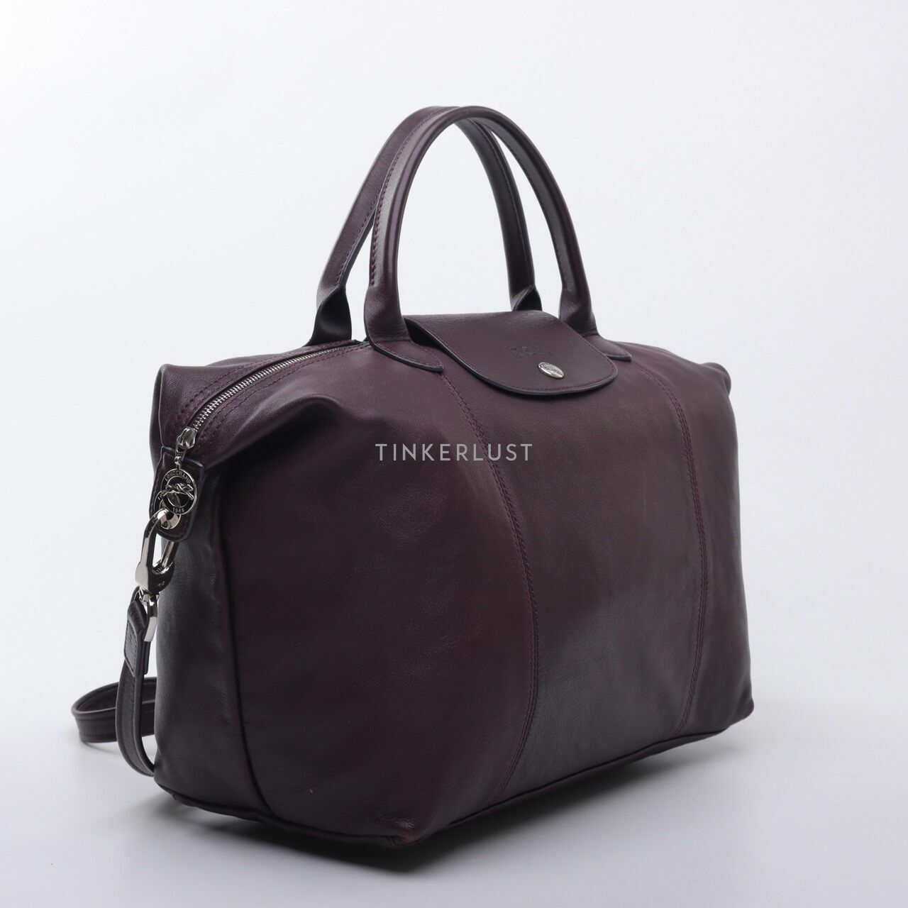 Longchamp  Leather Le Pliage Small Dark Purple Satchel Bag