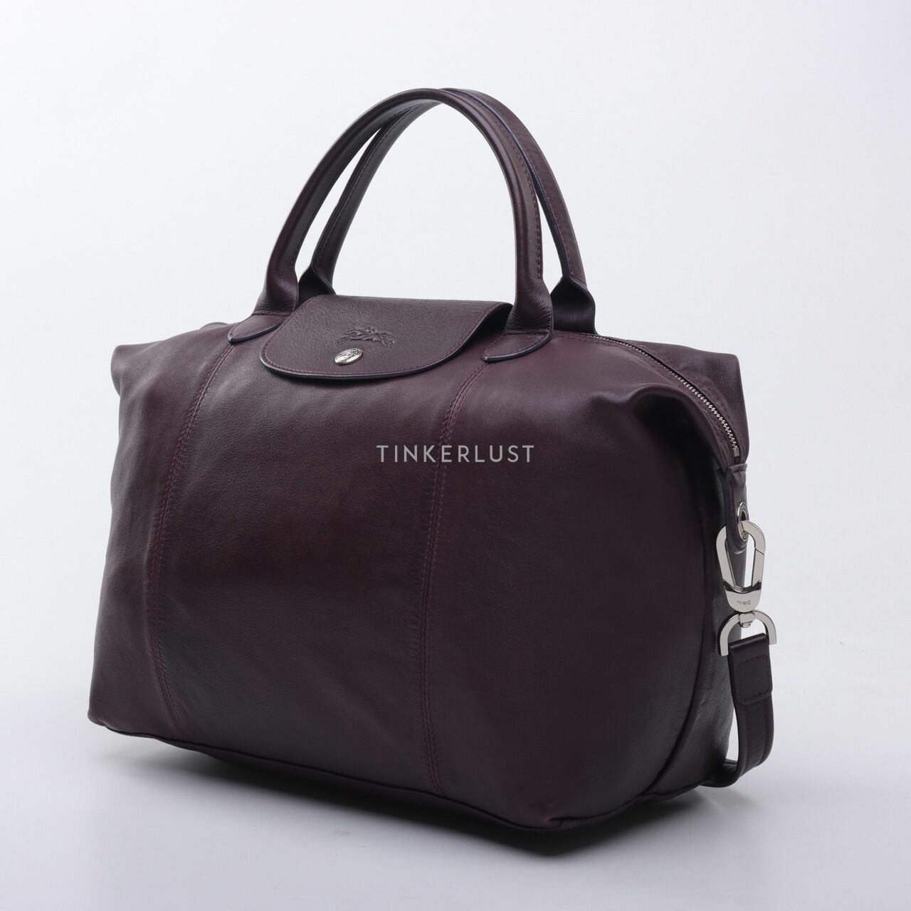 Longchamp  Leather Le Pliage Small Dark Purple Satchel Bag