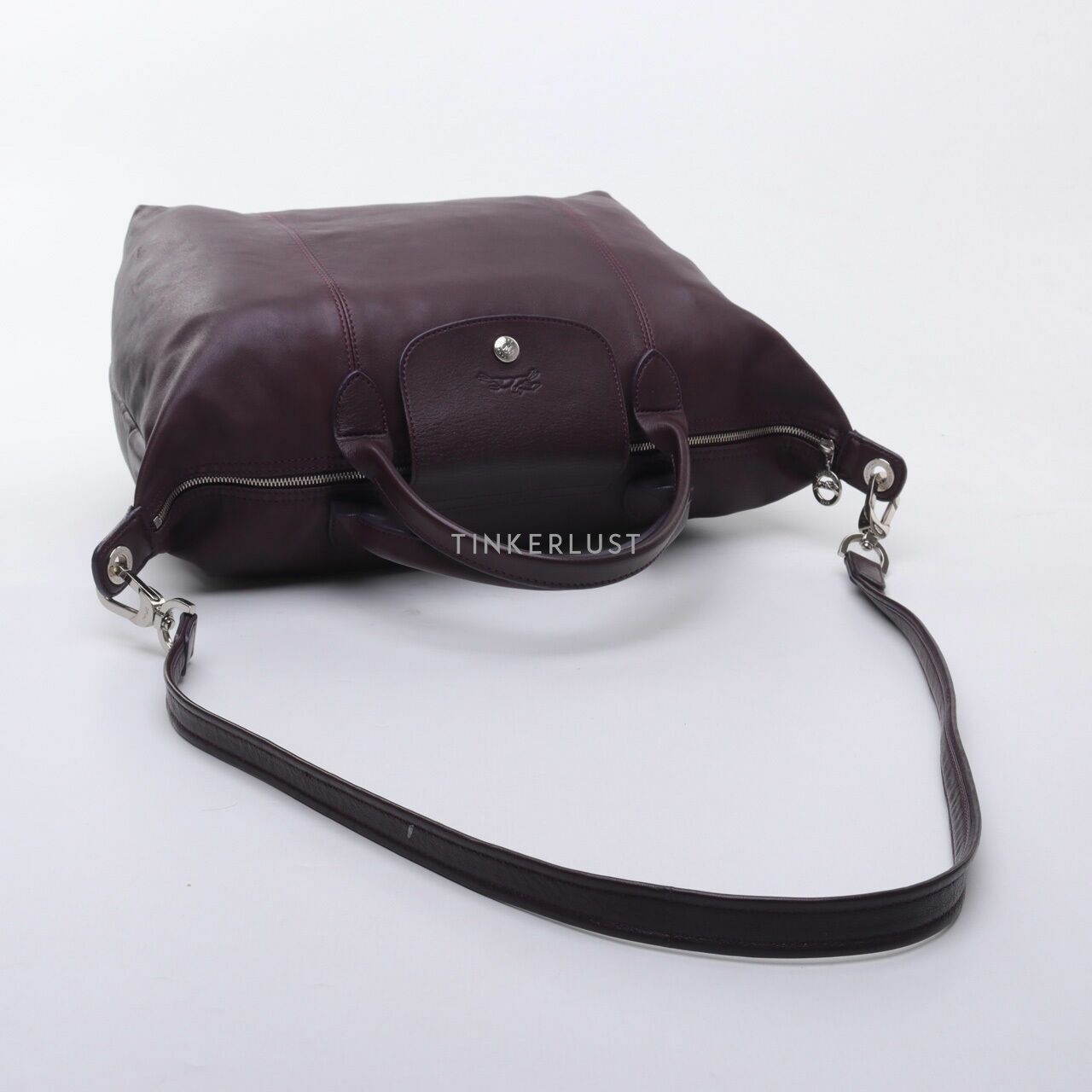 Longchamp  Leather Le Pliage Small Dark Purple Satchel Bag