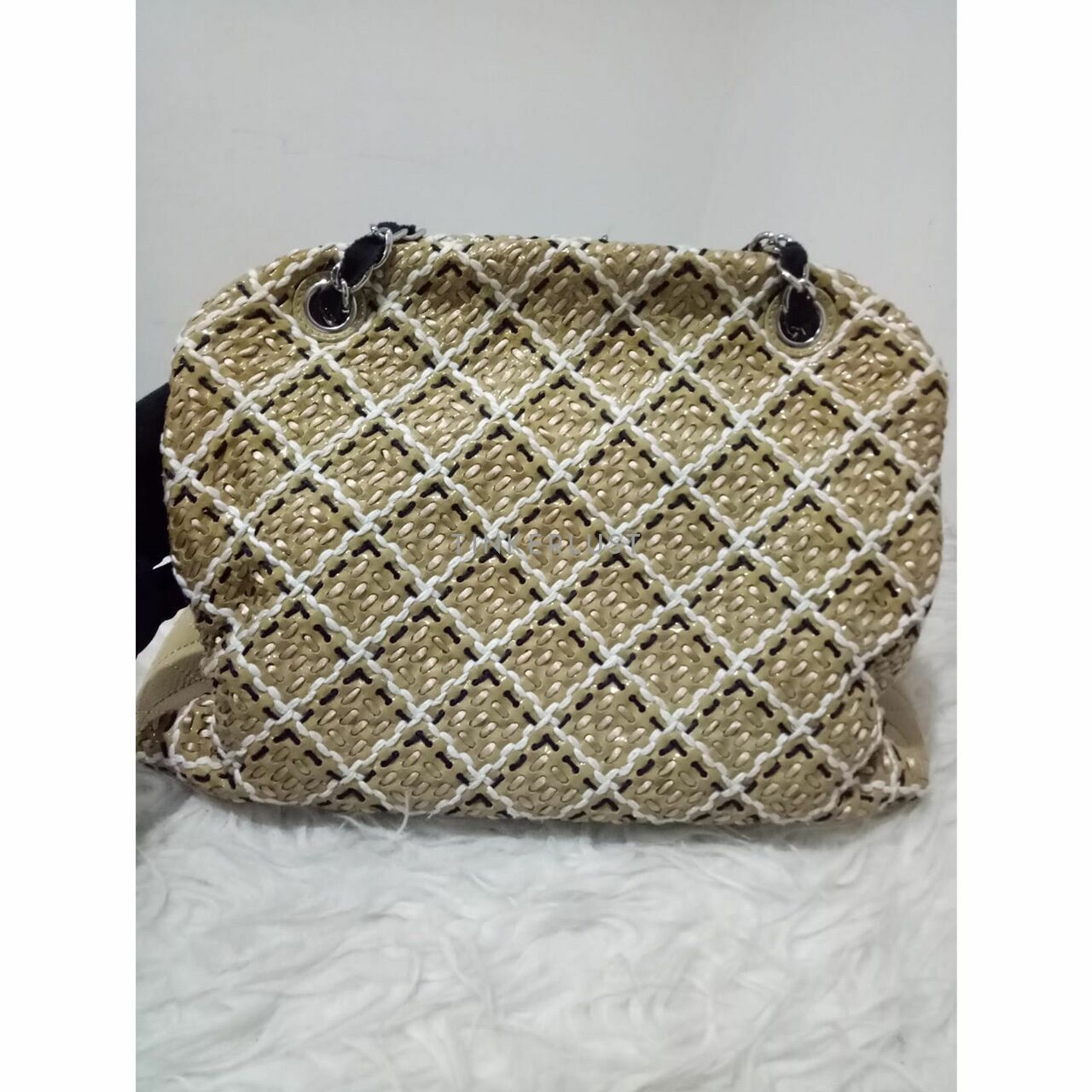 Chanel Mademoiselle Beige Woven Patent Leather Sticth Bowling #14