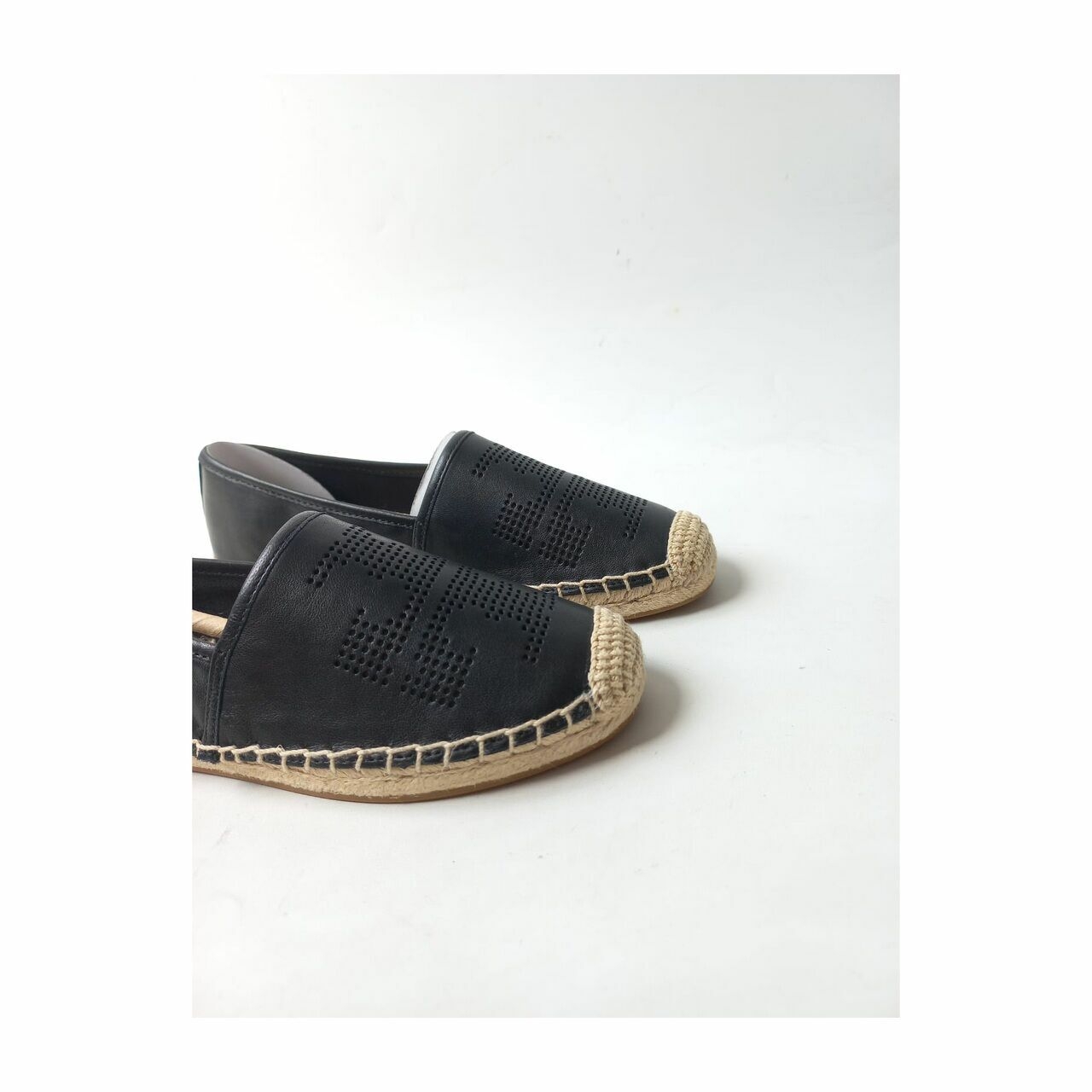 Tory Burch Perforated Logo Flats Espadrille Nappa Leather Perfect Black