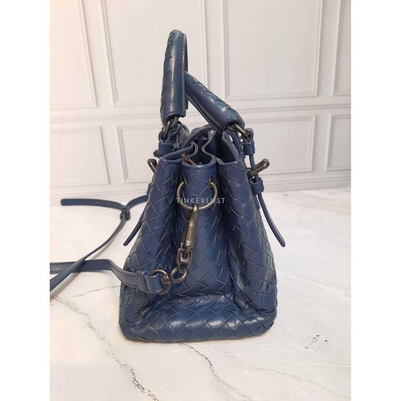 Bottega Veneta Roma Mini Navy Intrecciato Satchel