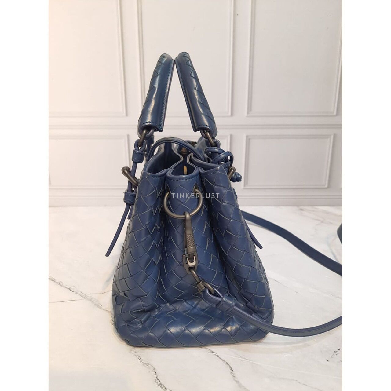 Bottega Veneta Roma Mini Navy Intrecciato Satchel