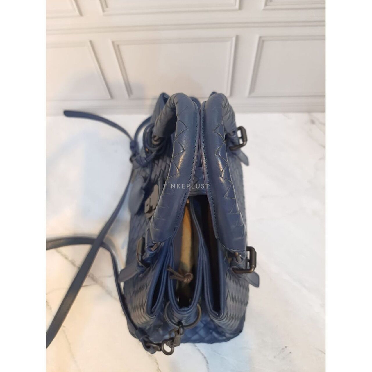 Bottega Veneta Roma Mini Navy Intrecciato Satchel