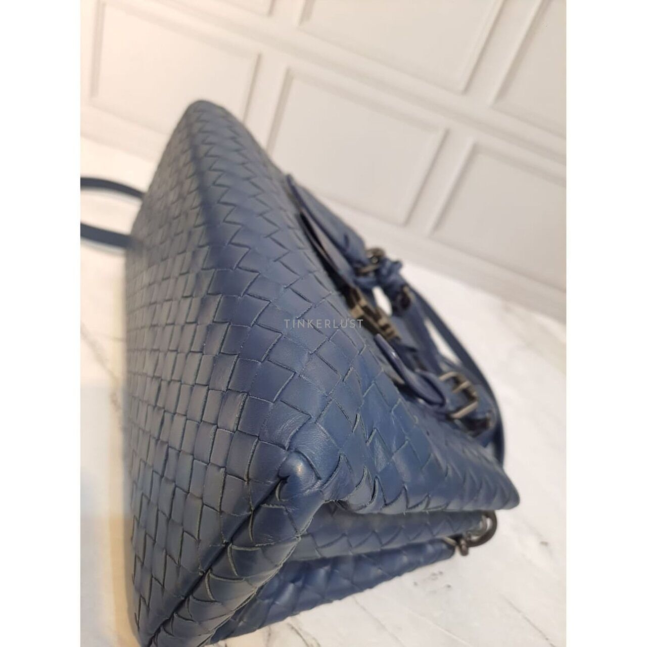 Bottega Veneta Roma Mini Navy Intrecciato Satchel