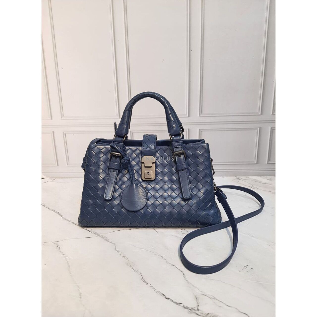 Bottega Veneta Roma Mini Navy Intrecciato Satchel