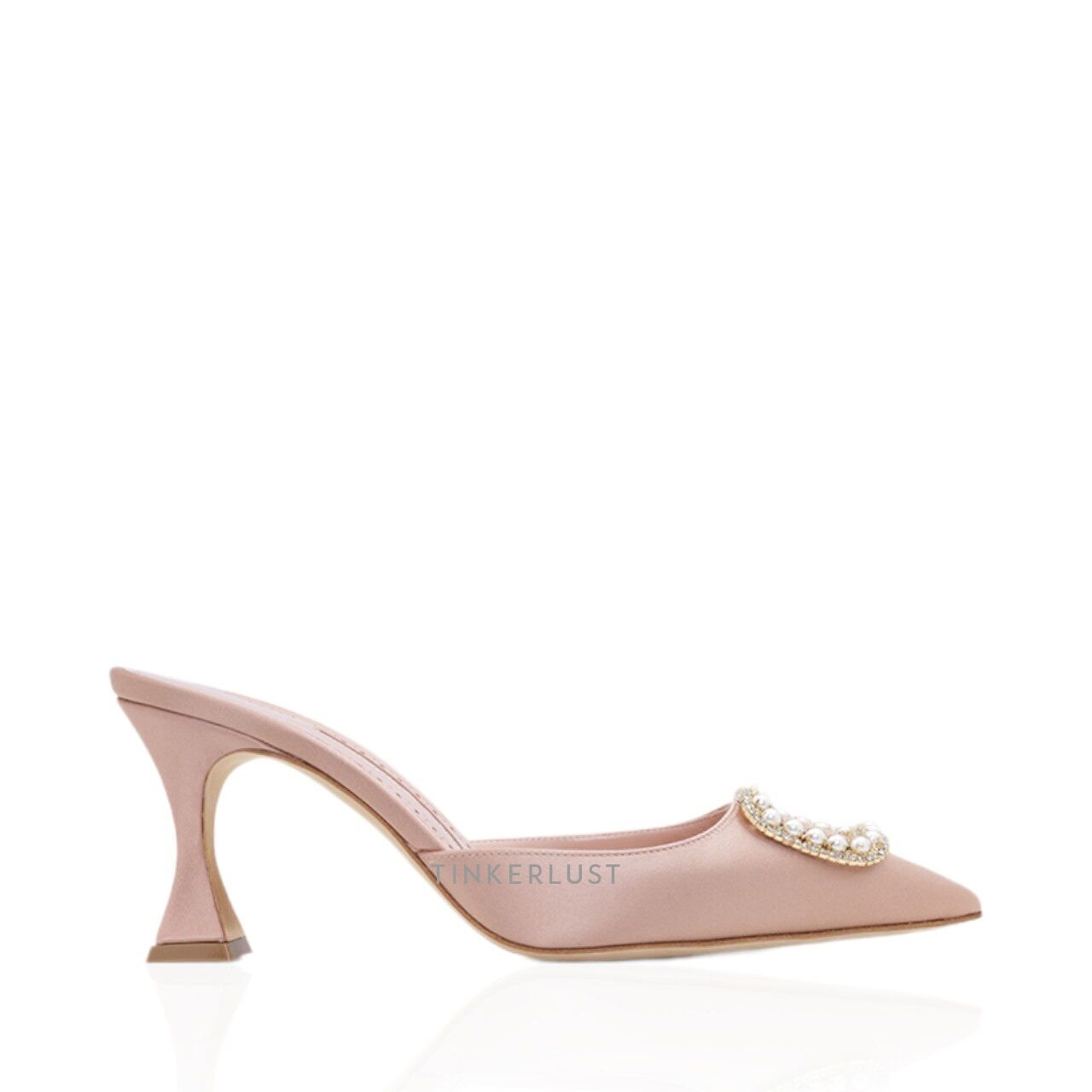 Manolo Blahnik Fabeta Champagne Satin with Crystal & Pearls Heels