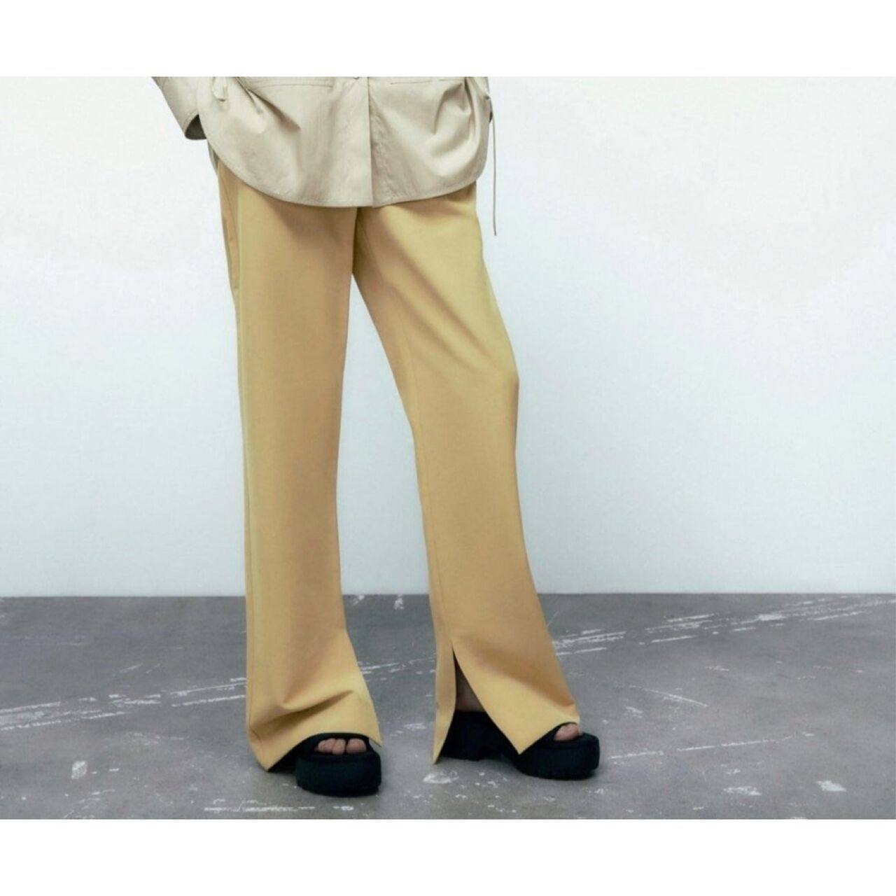 Zara Soft Yellow Full-Lenght Trousers with Side Slit Details Long Pants  