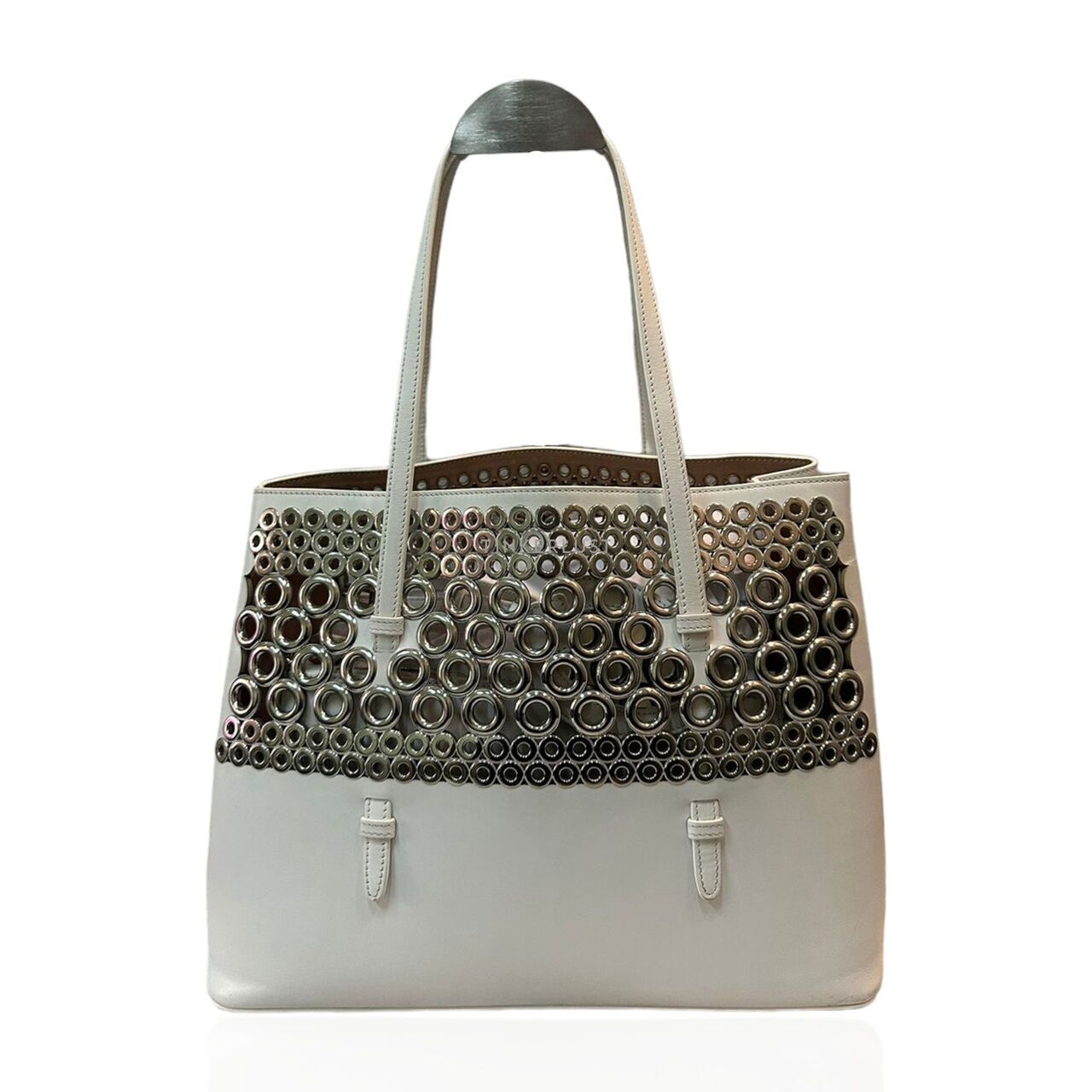 Alaia Eyelet White and Silver Tote Bag