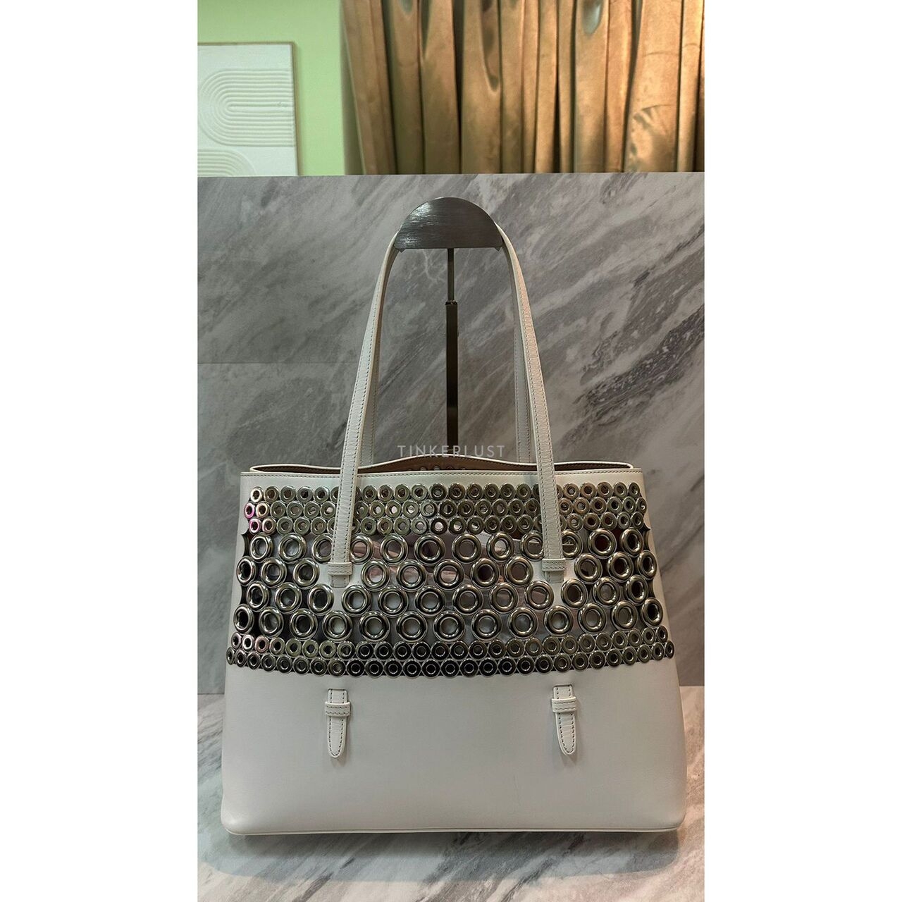 Alaia Eyelet White and Silver Tote Bag