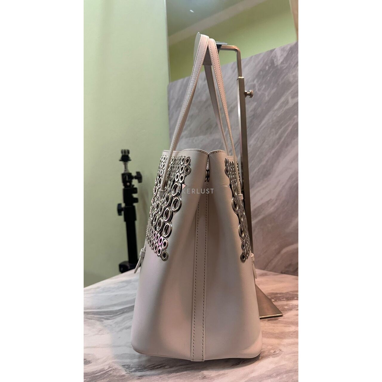 Alaia Eyelet White and Silver Tote Bag