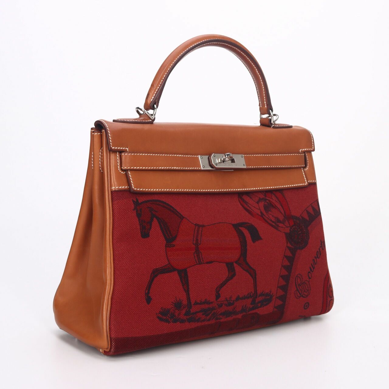 Hermes Rouge H Toile & Barenia Horse Print Amazone Kelly 32 #O Square PHW Satchel