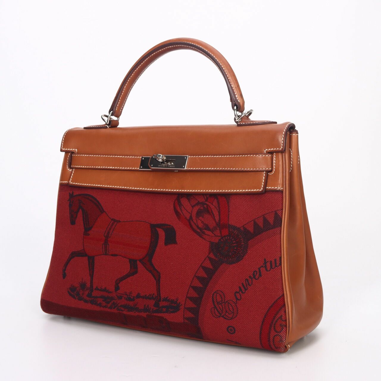 Hermes Rouge H Toile & Barenia Horse Print Amazone Kelly 32 #O Square PHW Satchel