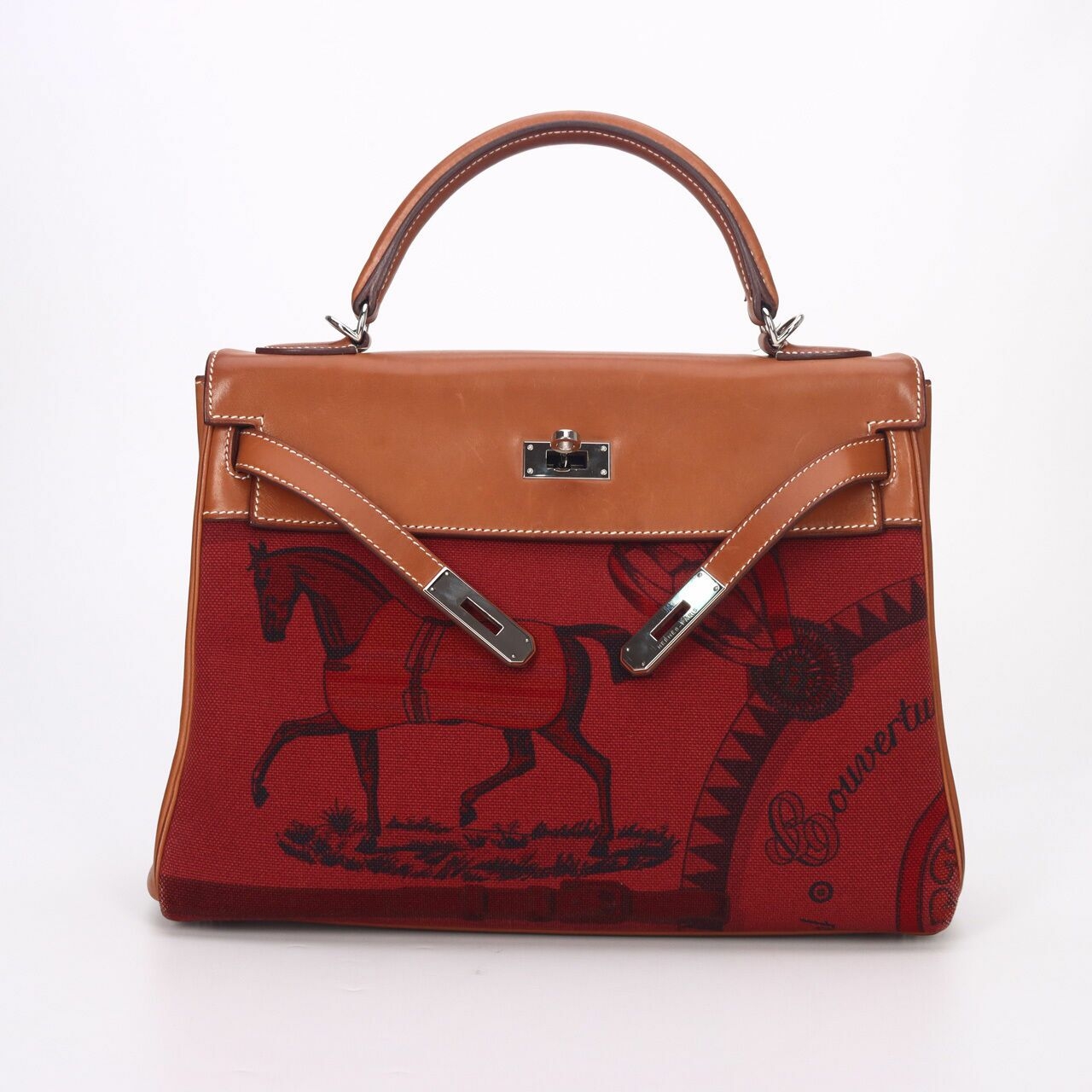 Hermes Rouge H Toile & Barenia Horse Print Amazone Kelly 32 #O Square PHW Satchel