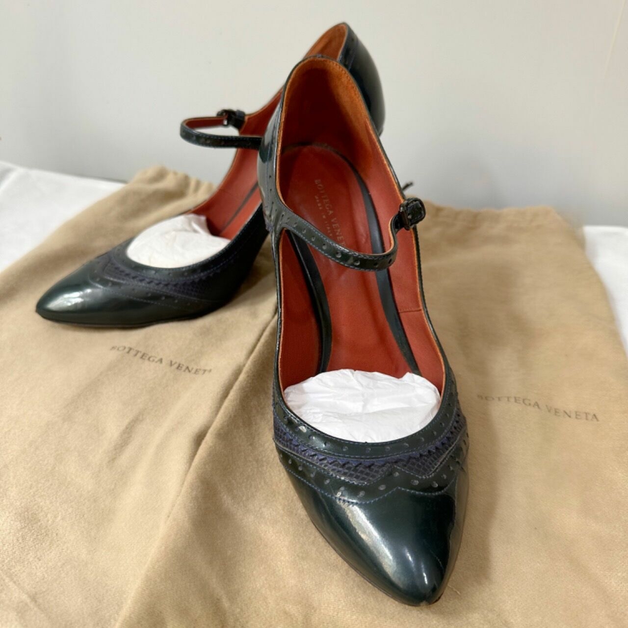 Bottega Veneta Mary Jane Dark Green Leather Heels