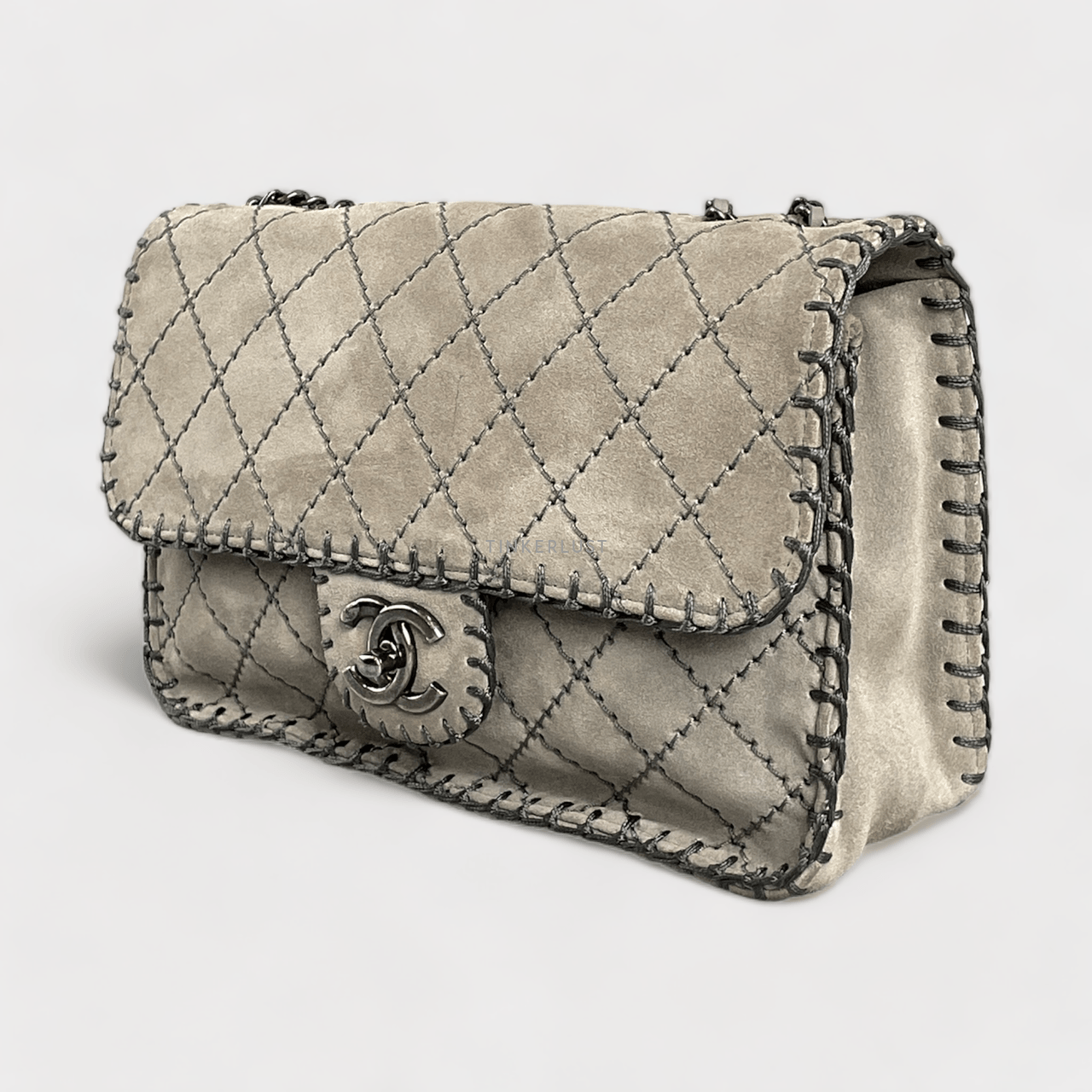 Chanel Suede Whipstitch Flap Grey Small Shoulder Bag