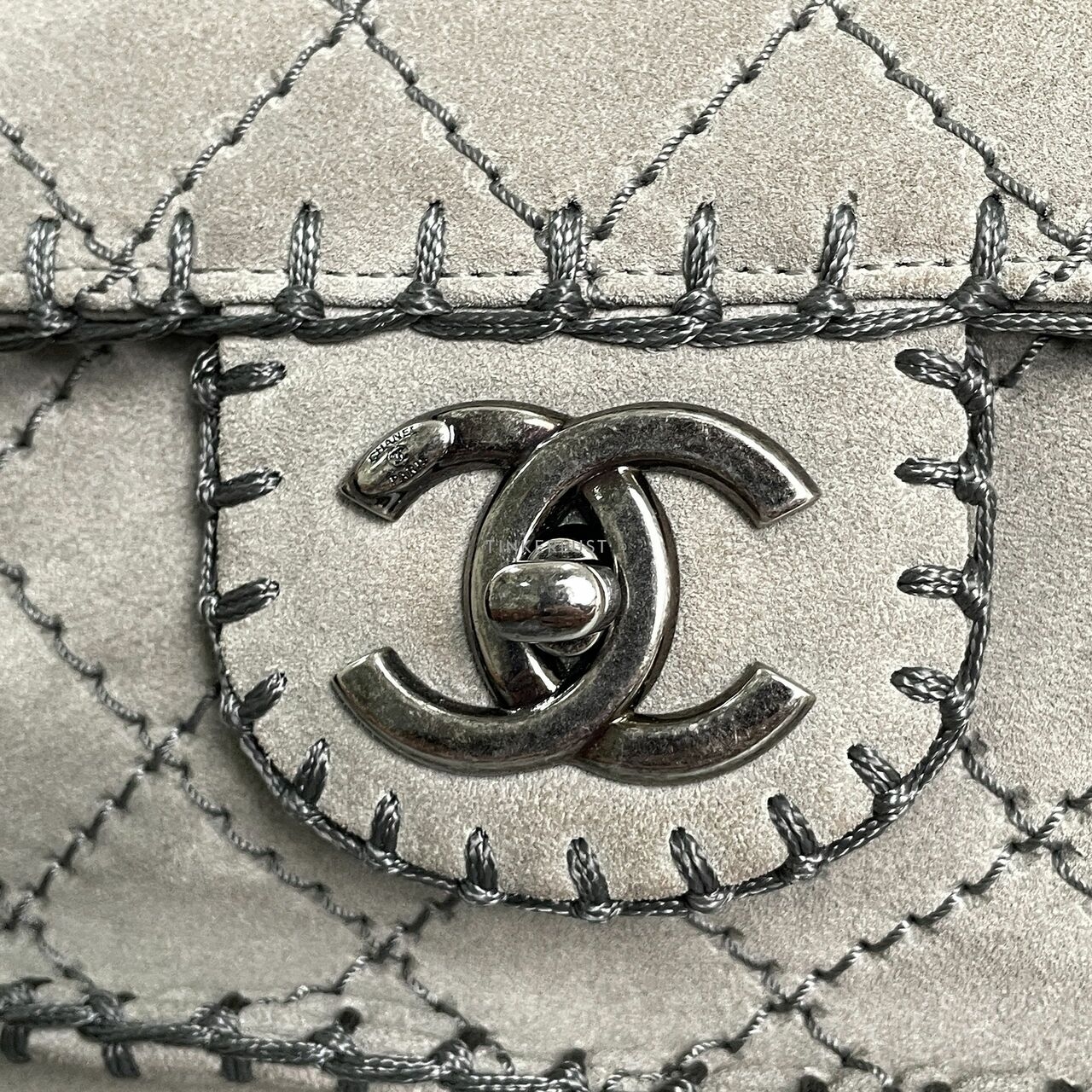 Chanel Suede Whipstitch Flap Grey Small Shoulder Bag