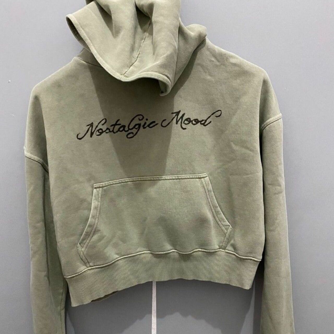 Pull & Bear Crop Sage Green Washed Hoodie