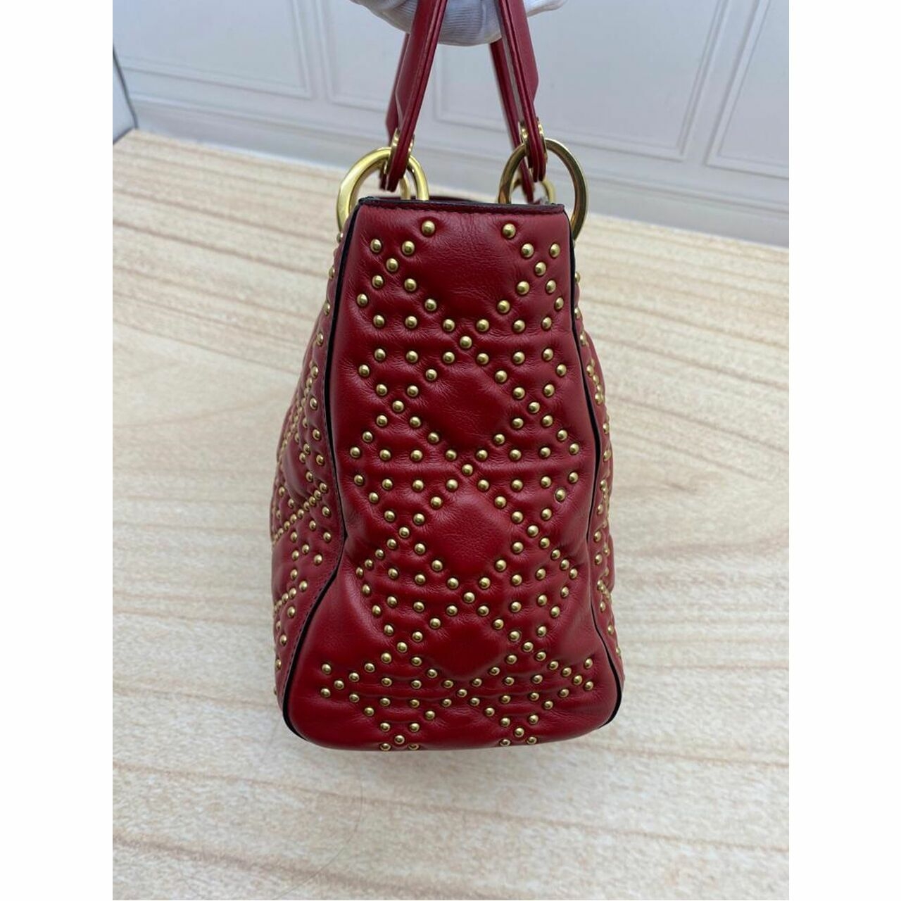 CHRISTIAN DIOR Lambskin Cannage Studded Medium Supple Lady Dior Red 2017