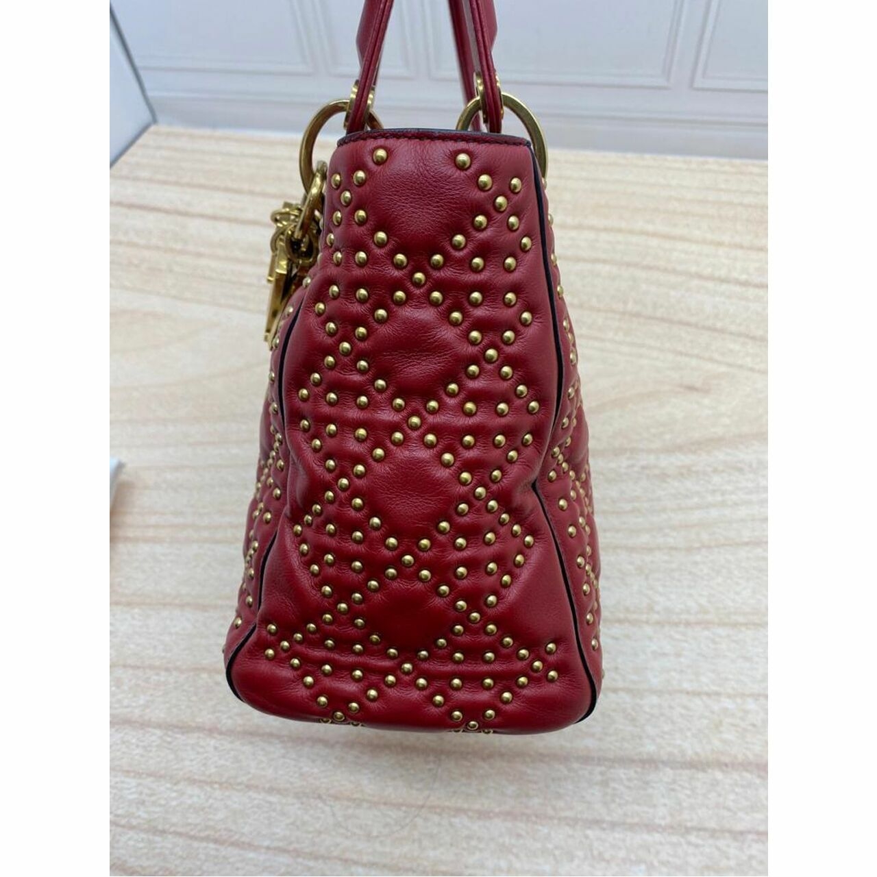 CHRISTIAN DIOR Lambskin Cannage Studded Medium Supple Lady Dior Red 2017