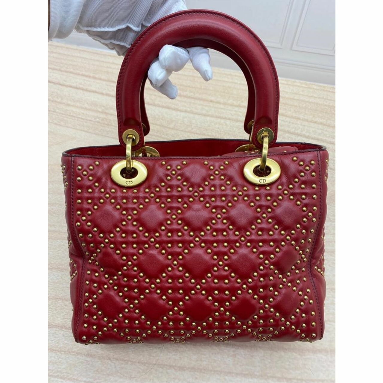 CHRISTIAN DIOR Lambskin Cannage Studded Medium Supple Lady Dior Red 2017