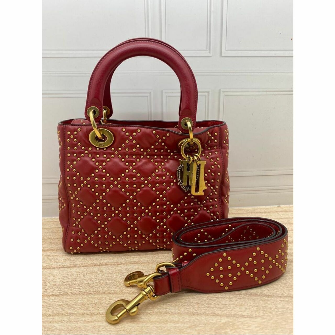 CHRISTIAN DIOR Lambskin Cannage Studded Medium Supple Lady Dior Red 2017