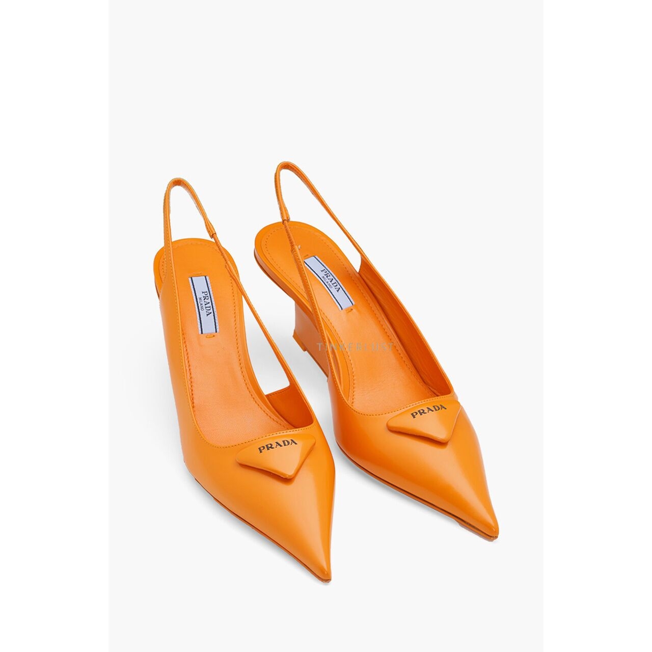 Prada Triangle Logo Slingback Pumps 65mm in Orange Brushed Leather Wedges