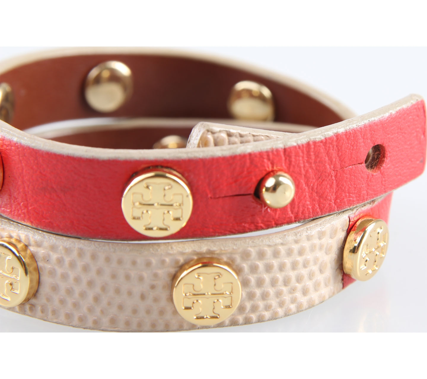 Tory Burch Light Brown And Red Stud New Double Wrap Leather Logo Bracelet Jewellery