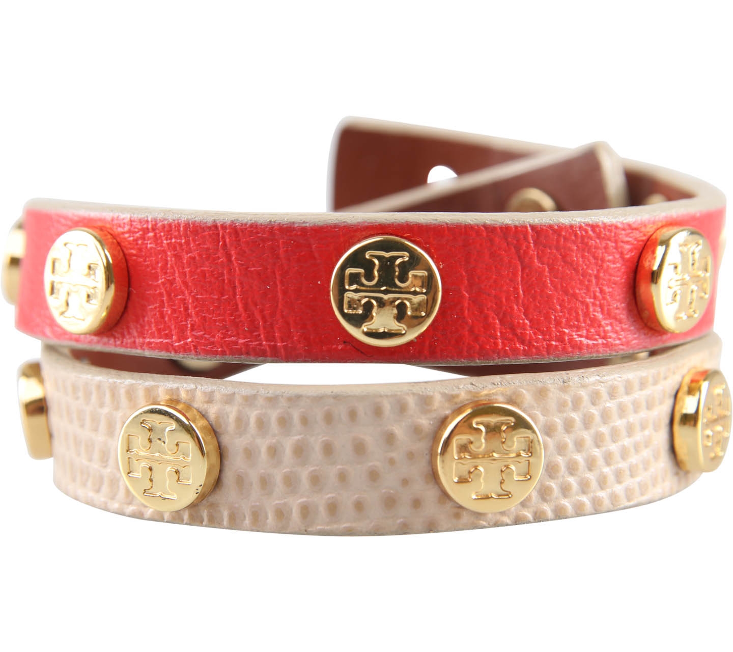 Tory Burch Light Brown And Red Stud New Double Wrap Leather Logo Bracelet Jewellery