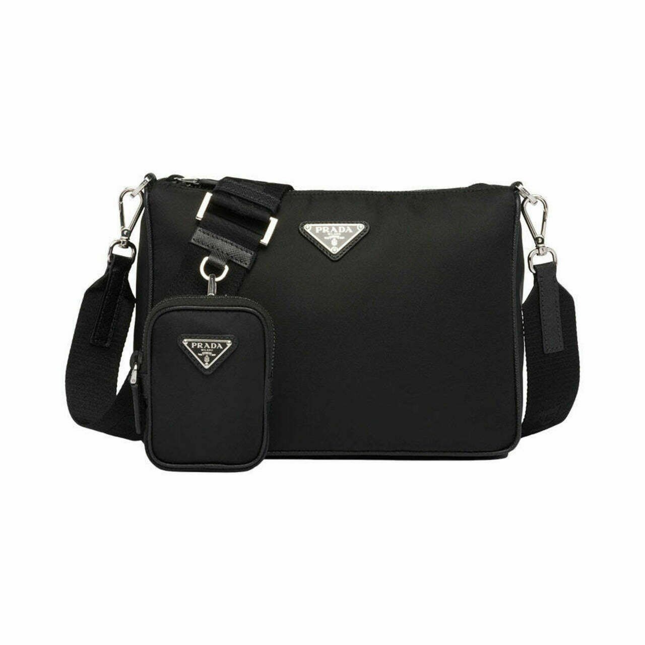 Prada Triangular Logo Nylon and Saffiano Leather Shoulder Bag Black