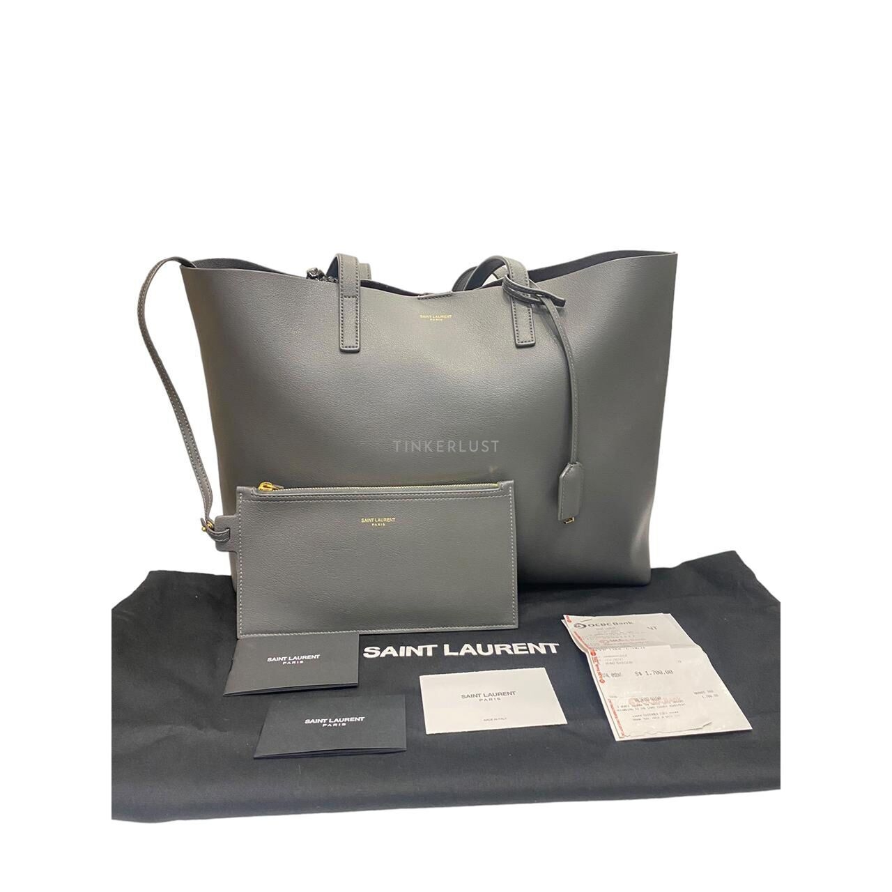 Saint Laurent Dark Storm Grey Leather Shopping Tote GHW 2022 Totebag