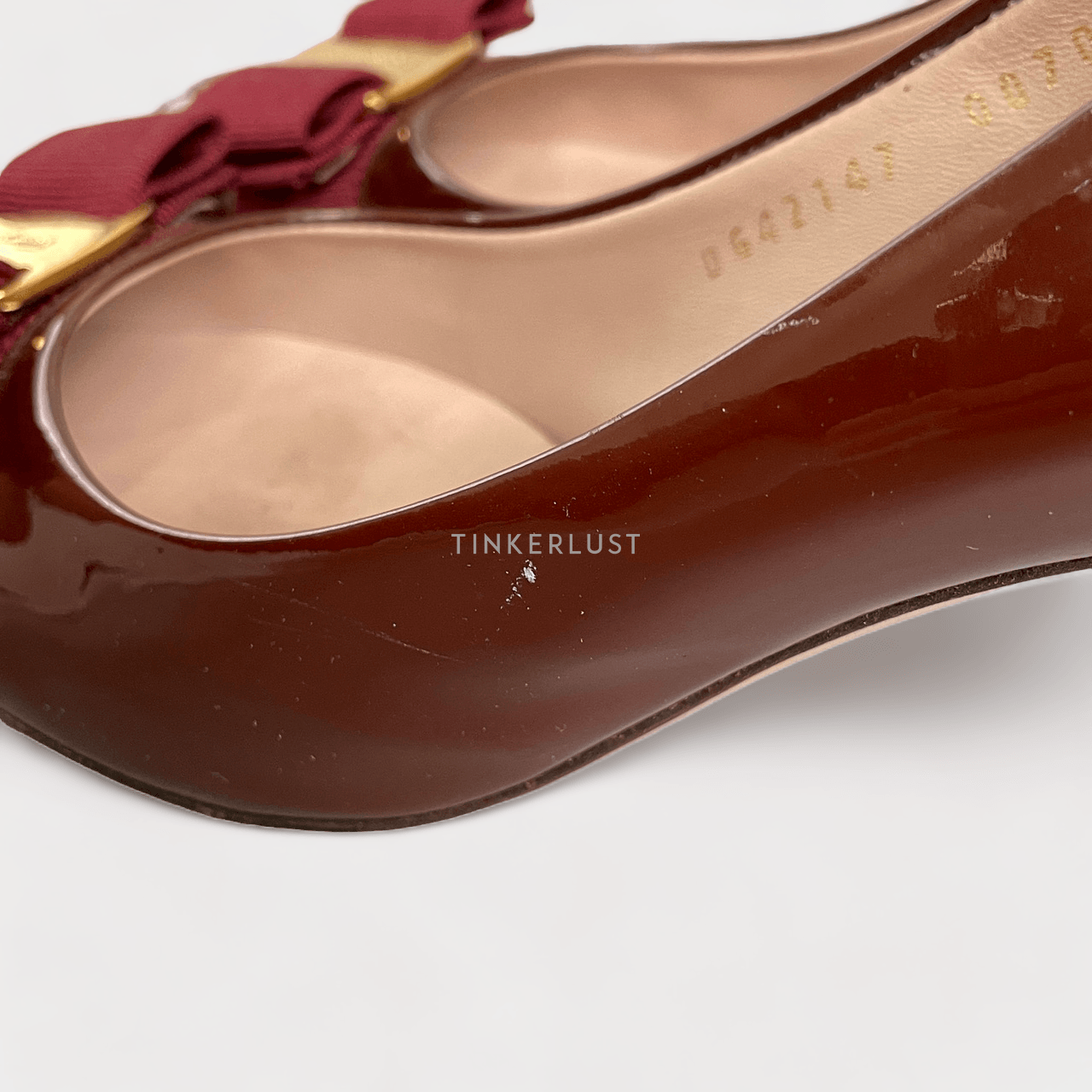 Salvatore Ferragamo Maroon Patent Vara Kitten Pumps