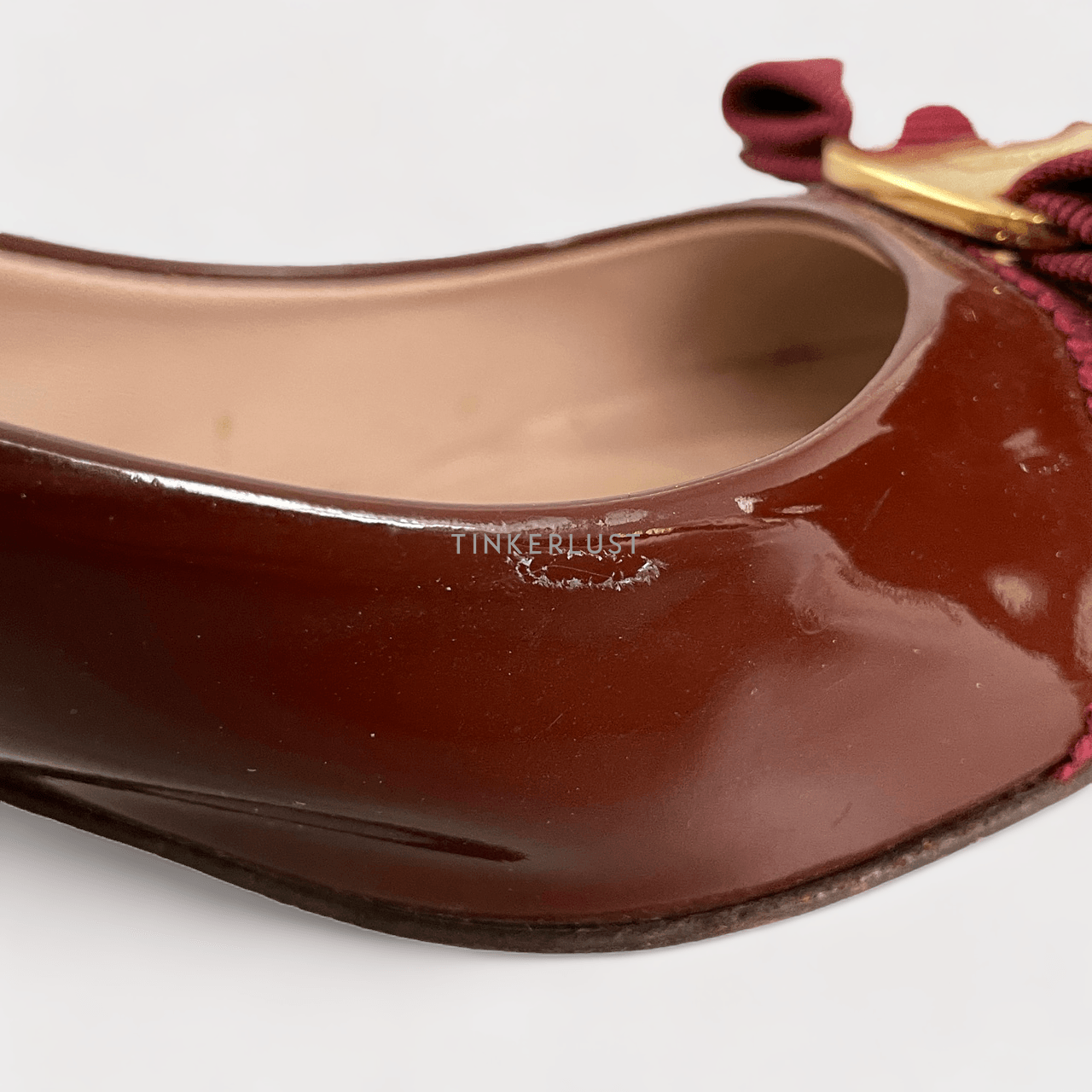 Salvatore Ferragamo Maroon Patent Vara Kitten Pumps