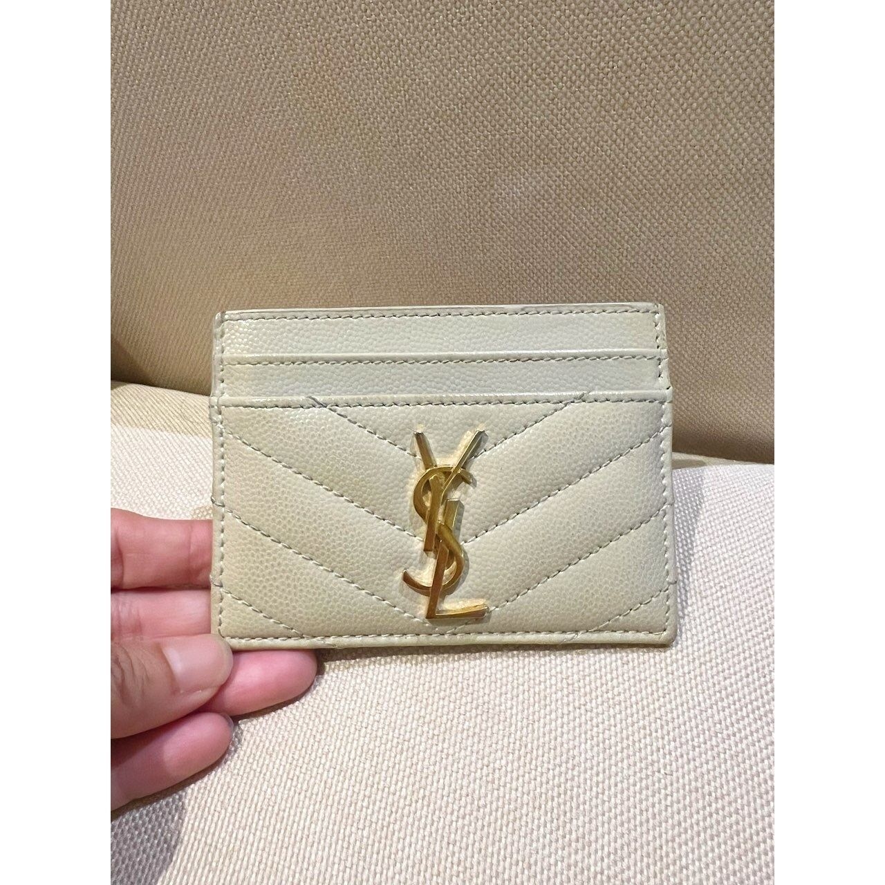 Yves Saint Laurent Chevron Quilted Beige Card Case