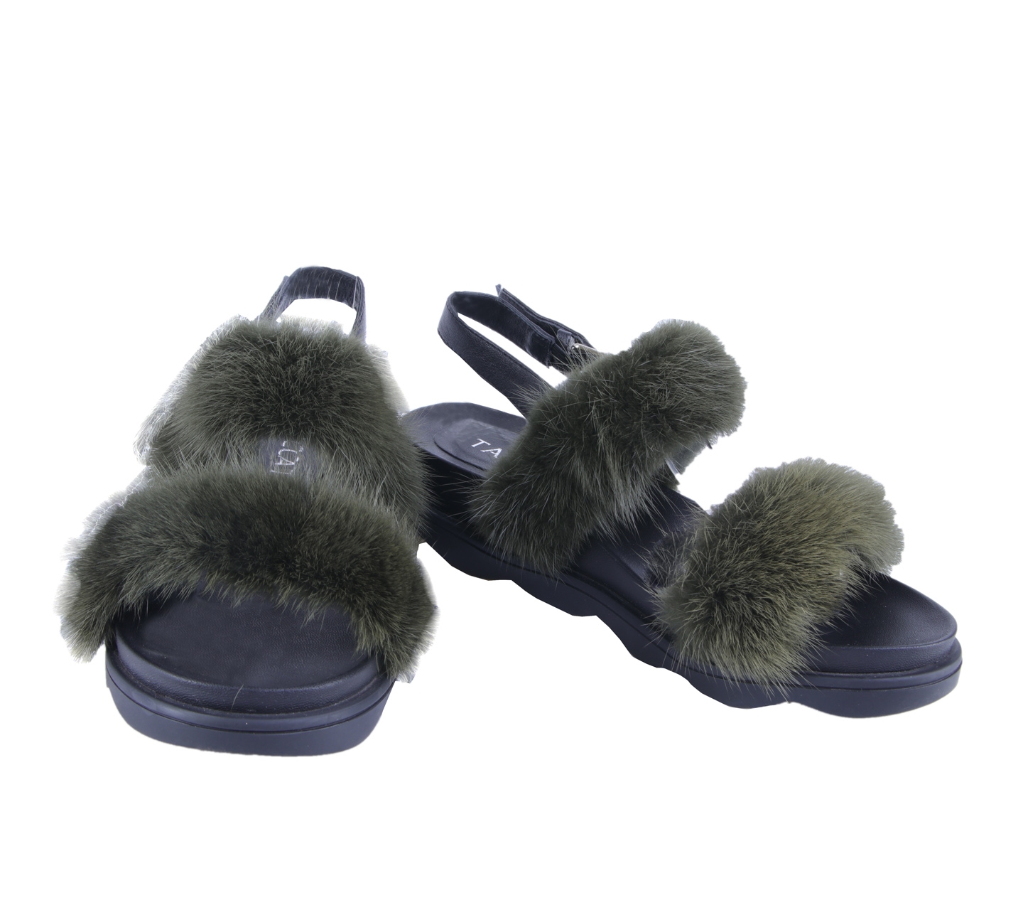 Staccato Black And Green Strap Slide Fur Sandals