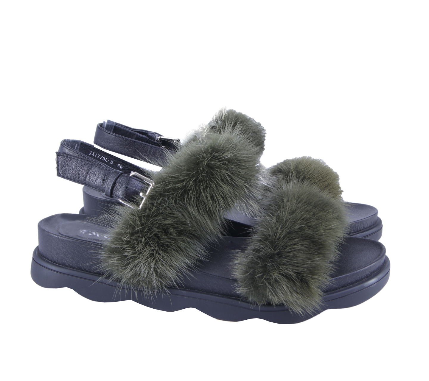 Staccato Black And Green Strap Slide Fur Sandals